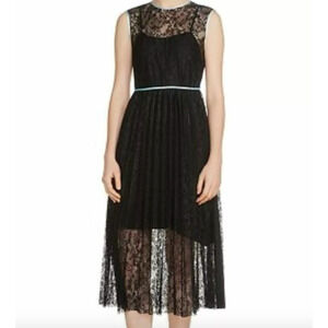 Maje Black Lace Pleated Sleeveless Midi Satin Trim Dress 1 Small